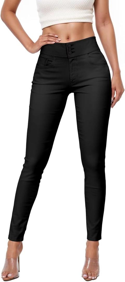 Hybrid & Company Womens Hyper Ultra Stretch Comfy Skinny Leg 3 Button Wide Waist Work Casual Pants (Black)