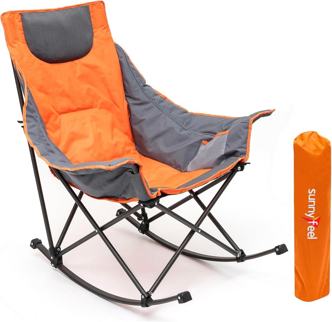 SUNNYFEEL Rocking Camping Chair, Luxury Padded Recliner, Oversized Folding Lawn Chair with Pocket, Heavy Duty for Outdoor/Picnic/Lounge/Patio, Portable Camp Rocker Chairs with Carry Bag (1 PC, Orange Grey)