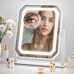 Lighted Makeup Mirror, 12"x10" Hollywood Vanity Mirror with Lights, Brightness Adjustable, Makeup Mirror with Lights,3 Colors, Smart Touch Control, Detachable 10X Magnification for Home/Gift (Beige)
