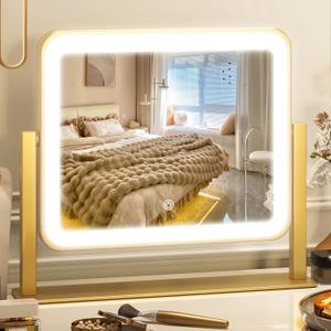12"x 14" Vanity Mirror with Light, Makeup Mirror with Light for Desk | 3 Color Lighting and Stepless Dimming, Plug-in Required, Memory, Easy Installion, Smart Touch, Gold