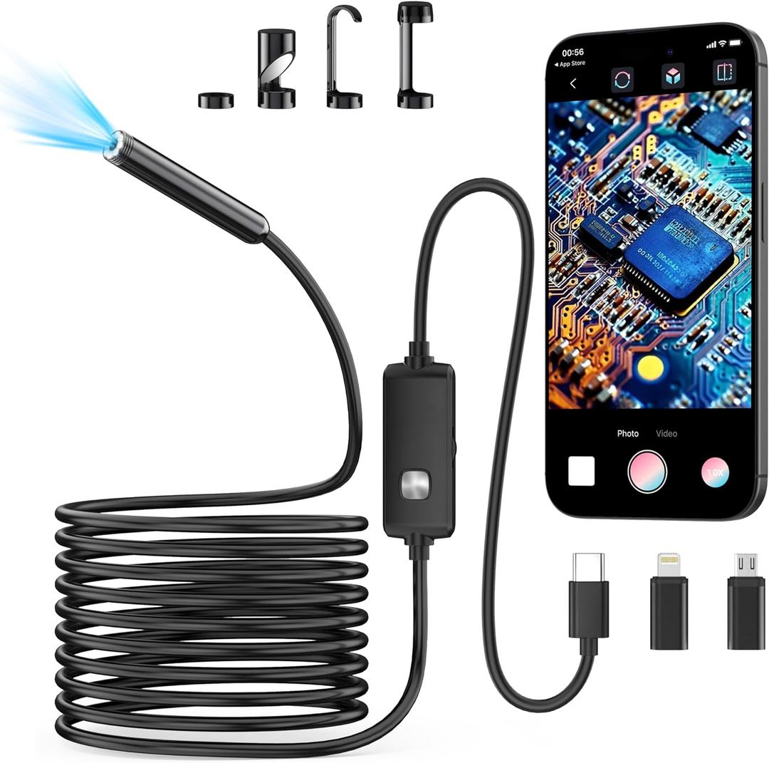 Endoscope Camera with Light,1920P HD Borescope with 8 Adjustable LED Lights, Endoscope with Semi-Rigid Snake Cable, IP67 Waterproof Inspection Borescope for iOS and Android-16.4ft Single Lens