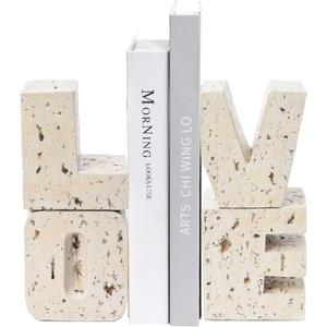 Book Ends Decorative with Love Design, Small Farmhouse Heavy Duty Bookends, Book Holders for Shelves, Book Stoppers for Home Desk Decoration, Unique Love Sculpture Bookend-Great Gift for Valentine's Day (Beige)