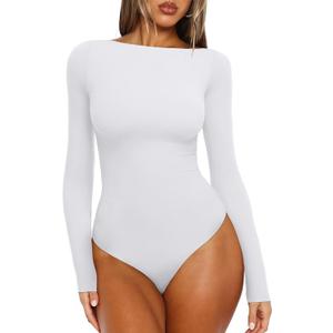 REORIA Women's Boat Neck Long Sleeve Bodysuit Basic Going Out Body Suits Tops 2025 (White) S