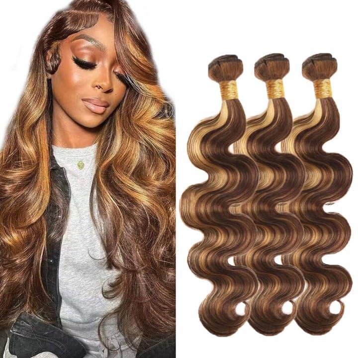 P4/27 Highlight Blonde Bundles Human Hair Body Wave Bundles Human Hair 20 20 20 Inch Brazilian Hair 3 Bundle Brown Unprocessed Virgin Remy Hair Extensions 50 Gram Per Bundle For Black Women