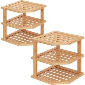 VERTORGAN 3 Tier Bamboo Corner Shelf(2 Pack),Plate Organizer,Dish Drying Rack,Kitchen Spice Rack for Countertop and Cabinet, 2 PC