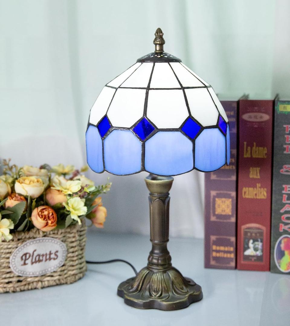 Tiffany Table Lamp, 8X14 inches Stained Glass Lamp,Handmade Vintage Lamp,Decor Bedside Bedroom Living Room and Study,Include E26 LED Bulb (Plaid Blue)