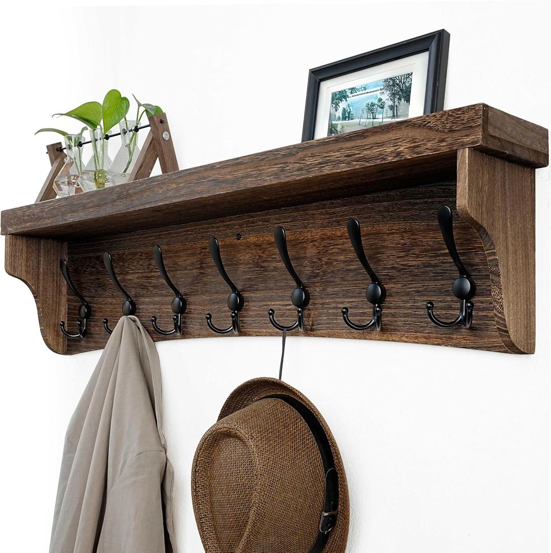 WEBI Rustic Coat Rack Wall Mount with Shelf, 35" Long Wall Shelf with Hooks Underneath, 7 Triple Hooks for Hanging Jacket, Bathroom, Entryway, Weathered Brown (35 Inch, Weathered Brown)