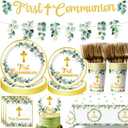 First Communion DecorationsTableware 134pcs First Communion Plates and Napkins Primera Comunion Decoracion Includes Banner Tablecloth Cups Caketopper for First Holy Communion Party Supplies Serves 25