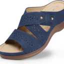 TEMOFON Wedge Sandals for Women Summer: Dressy Low Heel Sandals Black/Navy/White, Comfortable Walking, Arch support, Casual Slip on Summer Shoes, Size 8
