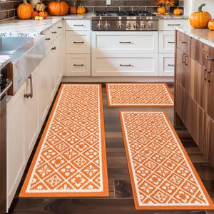 Ileading Fall Kitchen Rugs Set of 3 Piece Fall Kitchen Mats for Floor with Non Slip Backing,Washable Autumn Runner Rug for Sink Laundry Holiday Thanksgiving Decoration(Orange) (20"x32"+20"x48"+20"x59")