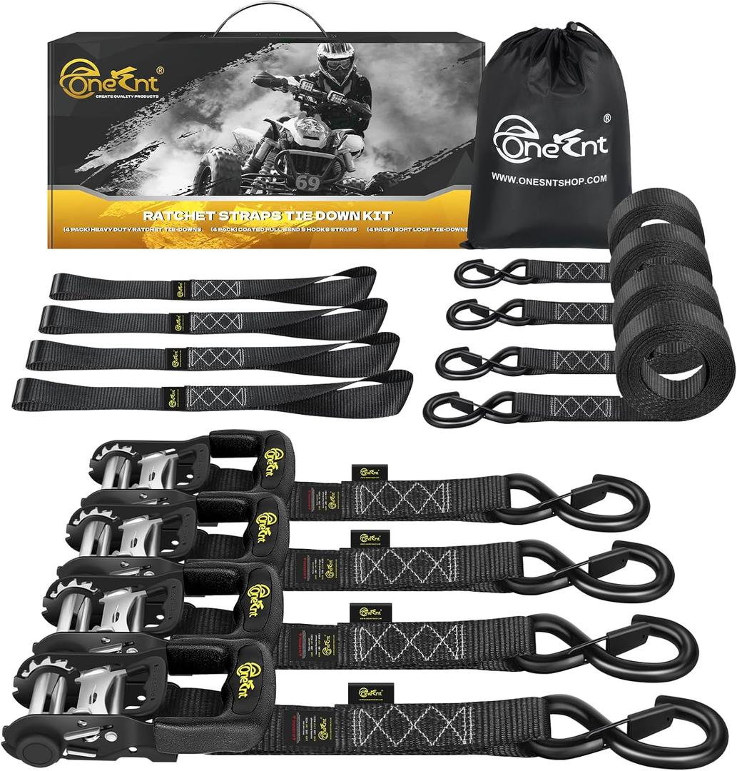 4Pcs Ratchet Strap Tie Down Kit | 1.6x 10FT Heavy Duty Ratchet Straps with Padded Handles+Coated S Hooks+Soft Loop Tie-Downs -6000 Pound Break Strength (Black)