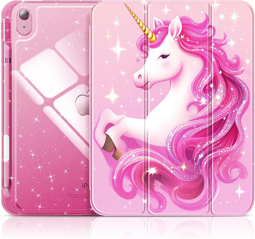 INFILAND Compatible with iPad A16 11th Generation 11 Inch 2025 Case, iPad Case 10th Generation 10.9 Inch, Glitter Cover with Sparkly Clear Back, Pencil Holder, for Kids Girls (Pink Unicorn Dream)