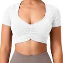 TAYOEA Crop Tops Workout for Women Yoga Short Sleeve Shirts Seamless V-Neck Gym T Shirts with Built in Pads (White, S)