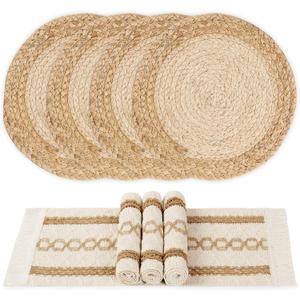 YANGQIHOME Boho Placemats Set of 4, Farmhouse Rustic Woven Placemats for Dining Table Decor, Handmade Braided Place Mats in Natural Cotton Jute and Water Straw for Kitchen Table