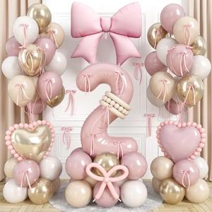 40 Inch Dusty Pink Balloon Number 2, Blush Pink Gold Beige Latex Balloons 2nd Birthday Decorations with Bow Heart Foil Balloon Ribbon Bow for Girls Boho Two Year Old Birthday Anniversary Party Decor