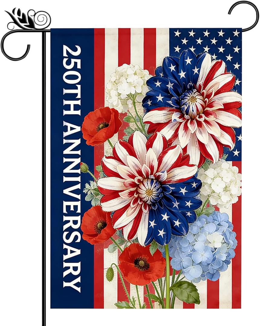 6 x 250th Anniversary Garden Flag Red White Blue Flower Daisy Garden Flags for Outside 12 x 18 Inch Double Sided Design Burlap Yard Flag 250 Anniversary Patriotic Banner 4th of July Independence Day Decor, Mix