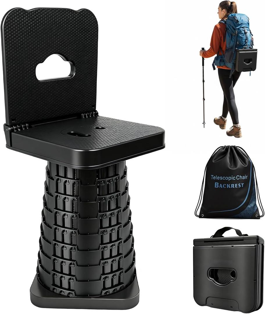 Upgraded Collapsible Stool with Backrest, Portable Telescopic Seat with Carry Bag, Square Folding Stool for Camping Gardening Fishing Hiking BBQ, Max Load Capacity 550lbs
