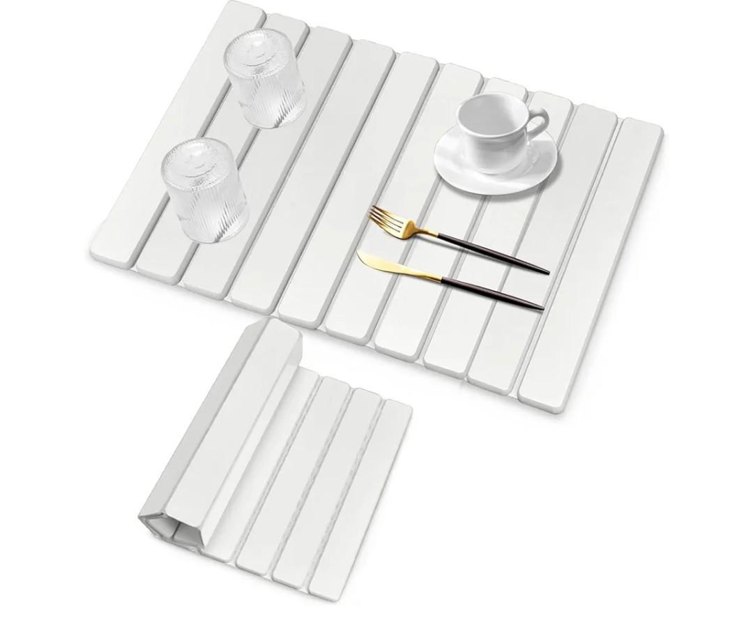 Large Stone Dish Drying Mats for Kitchen Counter, 24"(L)×16"(W) White, Drying Collapsible Dish Drying Mat, Eco-Friendly Absorbent Diatomaceous Earth Mats for Dishes Bottles Cups