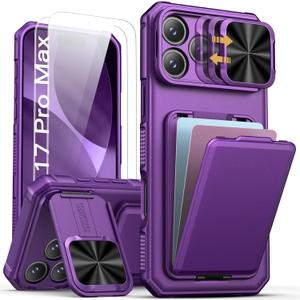 SSLOTSCASE for iPhone 17 Pro Max Case with 2X Screen Protector, HD Clarity Anti-Scratch, Card Holder & Sliding Lens Cover & Kickstand, Heavy Duty Protection Case for iPhone 17 Pro Max, Dark Purple