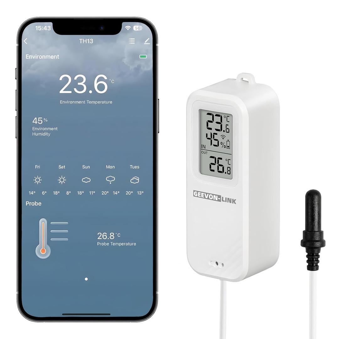 WiFi Refrigerator Thermometer Hygrometer with Alarm, Freezer Temperature with Probe, Wireless Digital Fridge Thermometer Humidity Sensor, Free Data Export for Home Kitchen Fridge Tub
