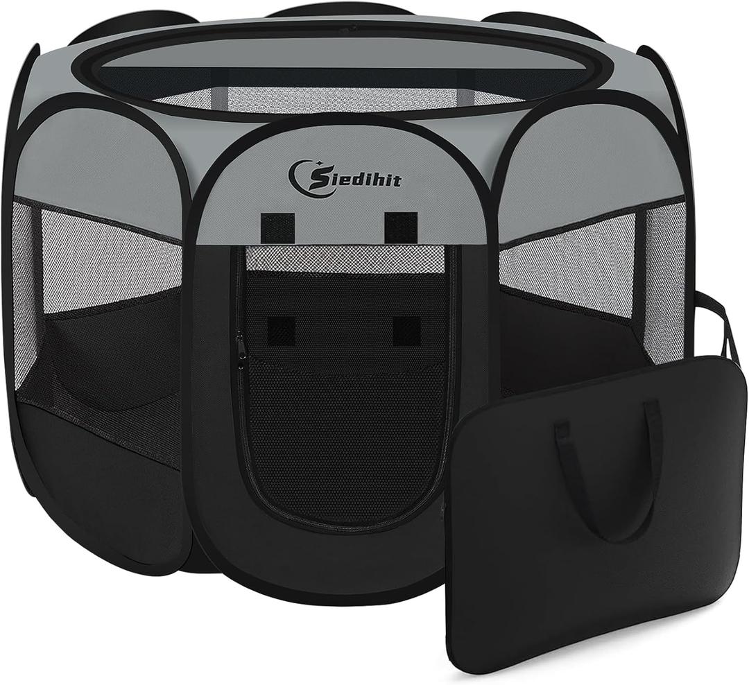 Dark Grey Puppy Playpen for Large Dog Cat, Dogs Tent Crates Cage Indoor/Outdoor, Portable Pop Up Dog Kennel with Carrying Bag for Rabbits, (Dark Grey, Large)