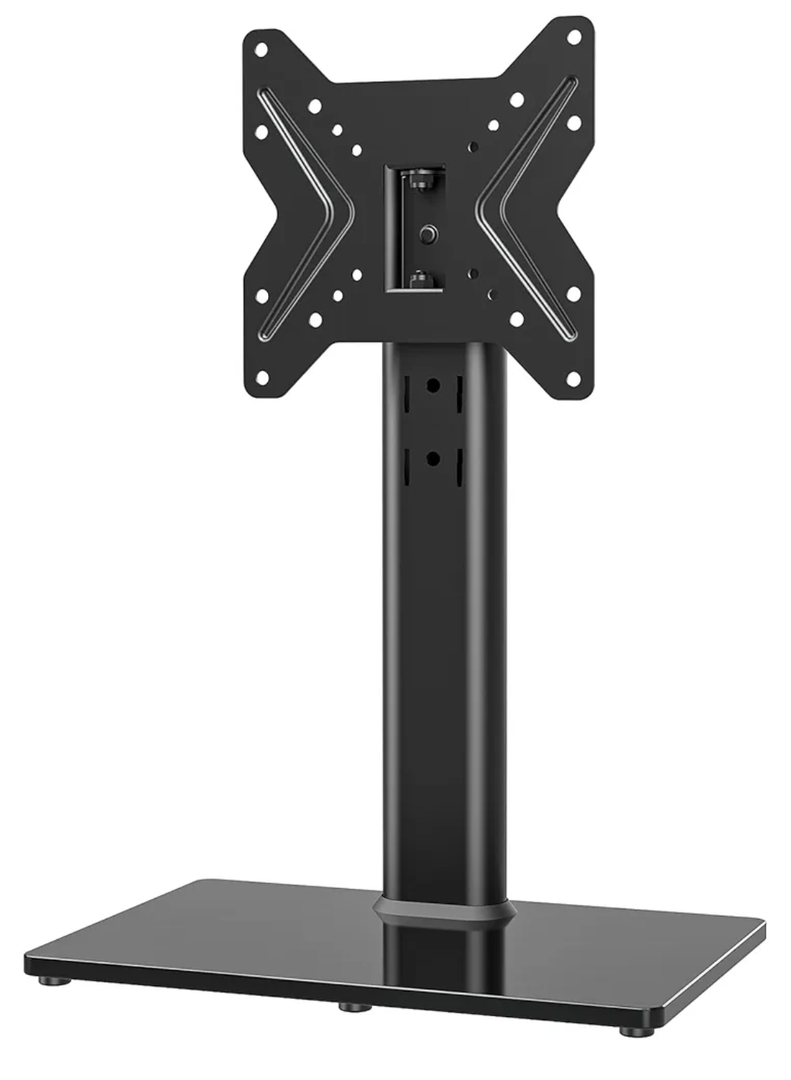 Universal Swivel TV /Table Top TV Stand for 19 to 43 inch TVs with 90 Degree Swivel, 4 Level Height Adjustable, Heavy Duty Tempered Glass Base, Holds up to 99LBS HT02B-001