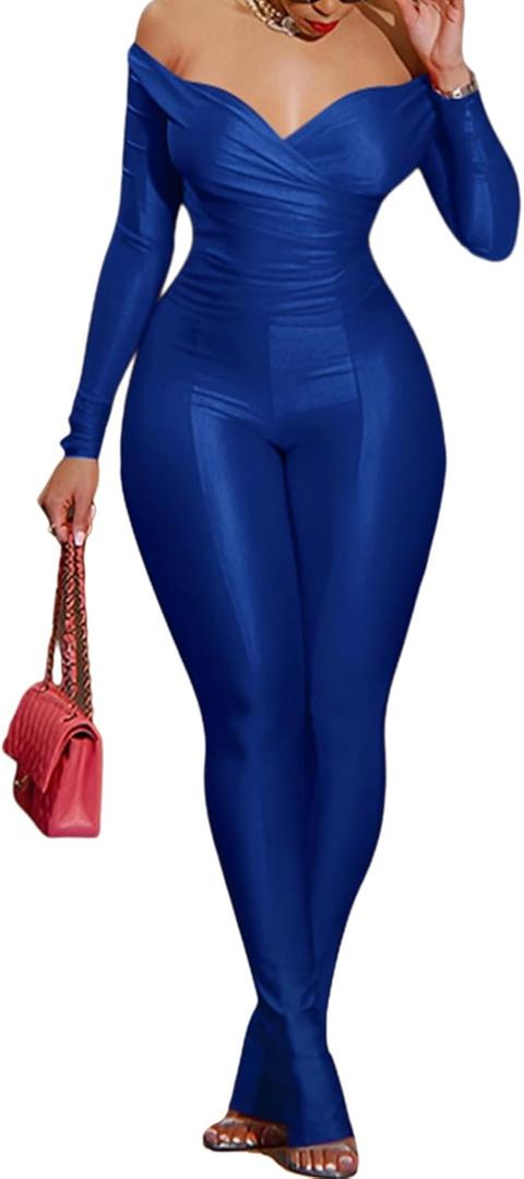 acelyn 2 Piece Outfits for Women Sexy Off Shoulder Tops Bodycon Flared Pant Sets Club Outfits Tracksuit (Small, 6009-blue)
