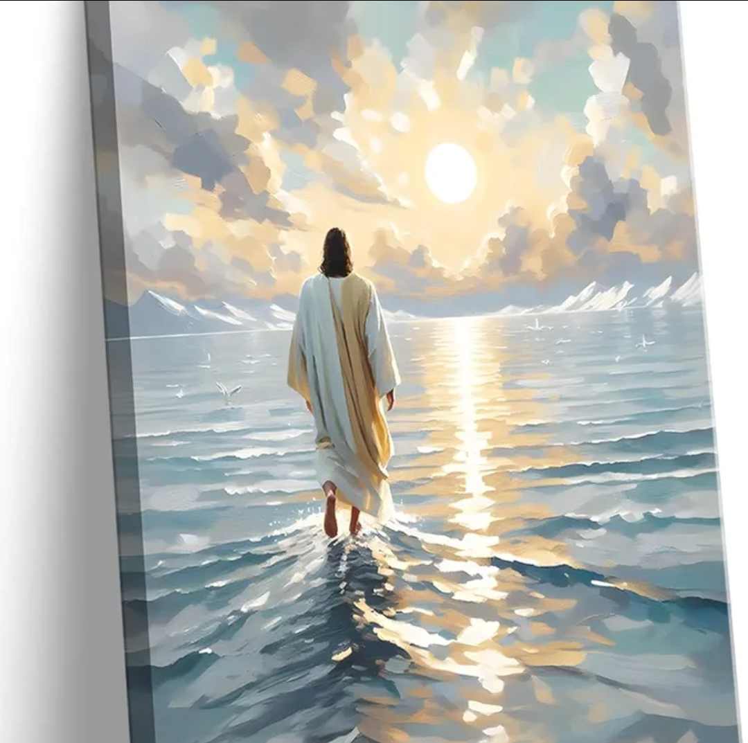 Jesus Walking On Water Canvas Wall Art Christian God Wall Decor Picture Religious Spirit Faith Poster Print for Living room Bedroom Church Decoration, 16x24in