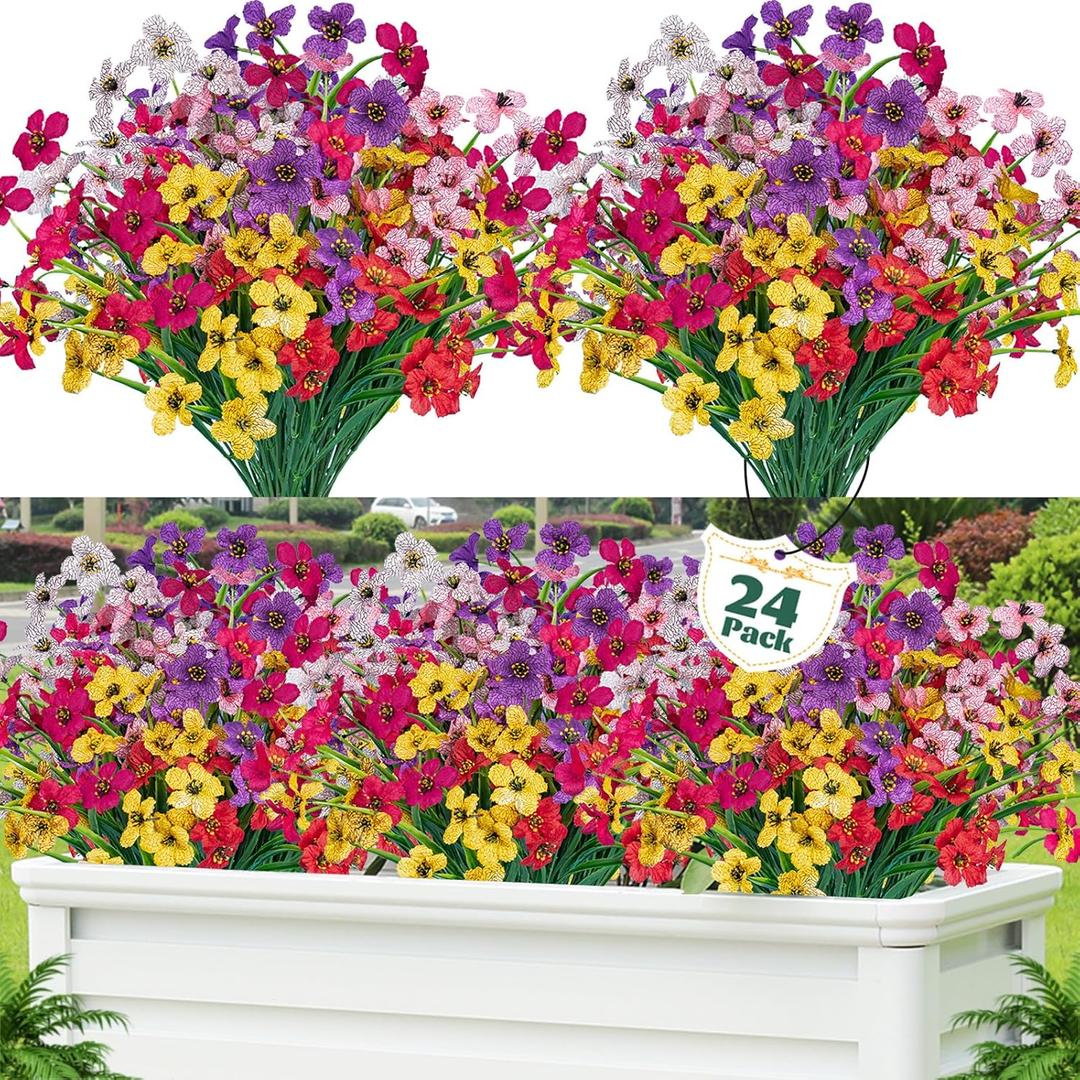 Lnoicy 24 Pcs Artificial Flowers for Outdoor,Plastic Flowers Decoration, UV Resistant Faux Flowers Shrubs, Artificial Plants for Indoor Outside Garden Home Wedding Farmhouse6 Color