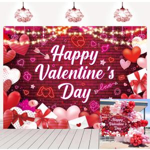 Happy Valentine's Day Backdrop Red Love Heart Glitter Glow Brick Wall Photography Background Valentines Day Wedding Anniversary Party Decorations Banner Photo Booth Props (7x5FT)