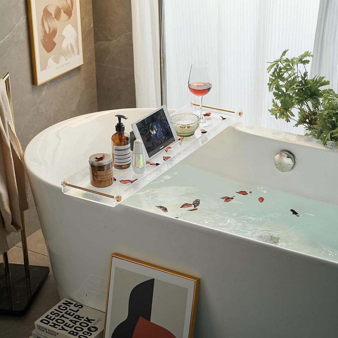 Bathtub Tray Acrylic Bath Tray Bathtub Caddy Non-Slip Bath Tub Tray Table with Gold Brushed Handles (Clear)