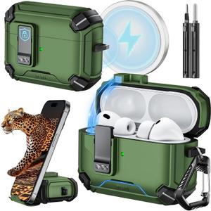 Inesore for AirPods Pro 3 Case (2025) with Phone Stand & Cleaning Kit,Compatible with Magsafe,Magnetic Automatic Lock Cover for AirPods Pro 3rd Generation, Dark Green