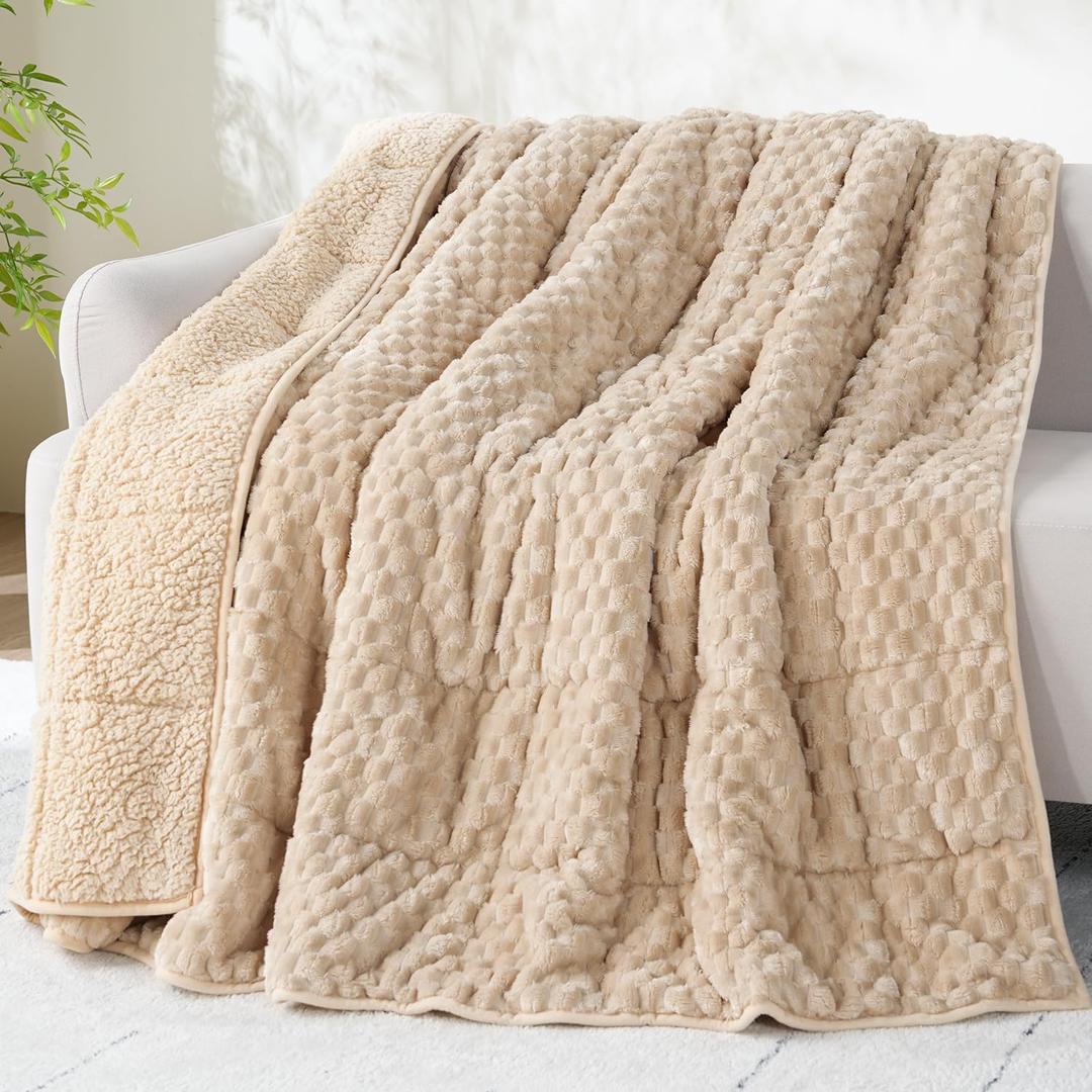 Drewin Weighted Blanket Twin Size 15 lbs, 3D Turtleback Pattern Jacquard Sherpa Weighted Blankets, Adult Weighted Blankets for Sleep Natural and Relaxing, Beige, 48 x 72 inches (48*72 15LBS)