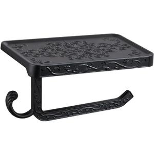 Toilet Paper Holder with Shelf Simple Black Wall Mounted Toilet Tissue Roll Holder Lightness Aluminum Toilet Paper Phone Holder Fancy Toilet Paper Shelf for Bathroom Accessories (Fits Regular Rolls)