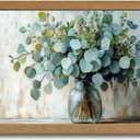 Wood Framed Rustic Eucalyptus Wall Art Sage Green in Glass Plants Vase Canvas Painting Picture Wall Decor Farmhouse Neutral Poster Print Artwork for Living Room, Bedroom, Bathroom Home Decoration, 24"L x 16"W