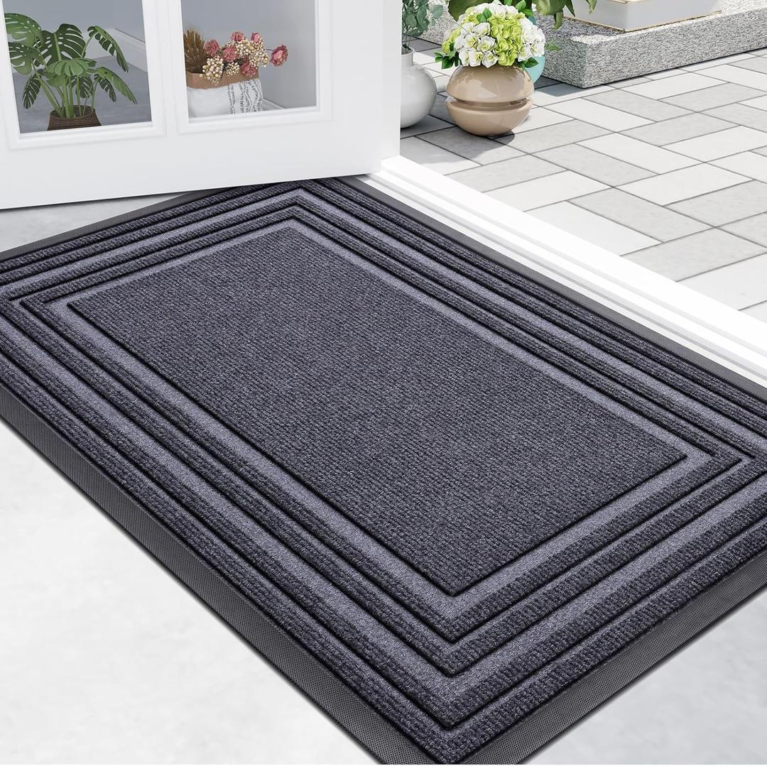 Buganda Front Door Mat Indoor Outdoor Entrance, Non-Slip Natural Rubber Doormats, Easy Clean, Low Profile, Dirt Trapper Entryway Floor Mats for Outside, Garages and Patios, 29.5x17, Grey (29.5" x 17")