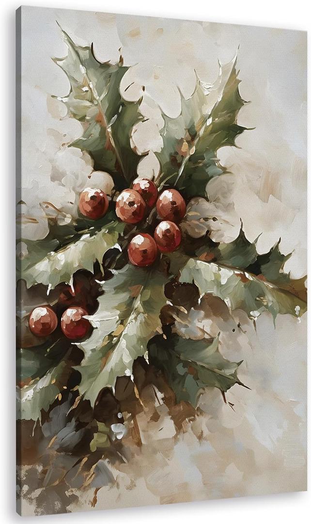 TLESKE Vintage Winter Holly Berries Wall Art Decor, Rustic Red Holly Berries Canvas Wall Art Print for Bedroom Living Room, Christmas Wall Artwork Picture, 16x24
