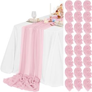 24 Packs Light Pink Cheesecloth Table Runner,10ft Rustic Gauze Boho Wedding Table Runner Decoration, Wedding Table Decor Sheer Table Runner for Wedding Party Bridal Shower Table