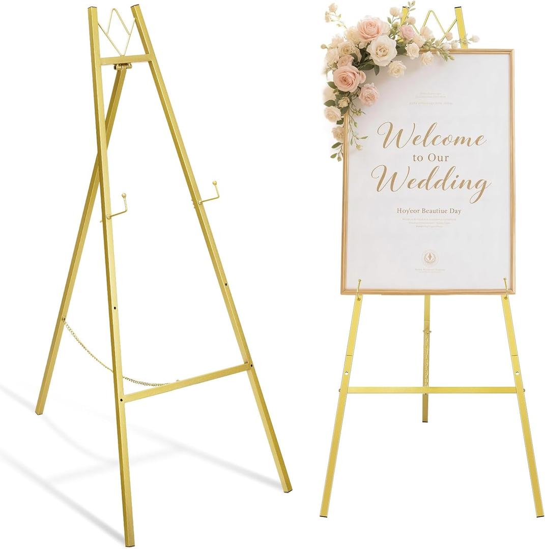 GRENTY 46.7" Gold Easel Stand for Wedding Signs No Assembly Needed, Heavy Duty Metal Display Stand for Art, Welcome Signs, Posters, Pictures, Paintings, and Floor Dcor, Gold 