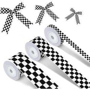 3 Rolls White Checkered Printed Ribbon Black Grosgrain Ribbon,0.4, 0.87, 1.5 Inch Wide, 15 Yards in Total, Car Theme Checkered Ribbon  for DIY Crafts Wreath Racing Car Party Wreath Decorations