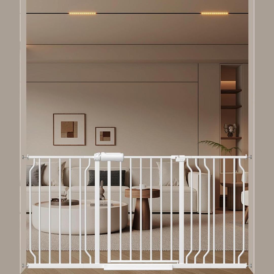 WAOWAO Baby Gate 52.76-62.2" Extra Wide Pressure Mounted Walk Through Swing Auto Close Safety White Metal Toddler Kids Child Dog Pet Puppy for Stairs, Doorways, Kitchen