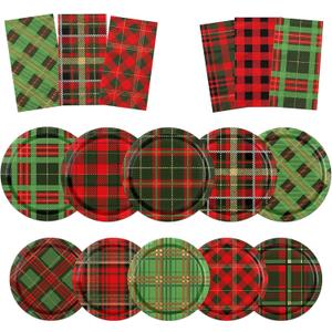 Lenyunge Plaid Christmas Plates and Napkins,Plaid Dinnerware Buffalo plaid Christmas Red and Green Plates and Napkins for Winter christmas Holiday Decorations