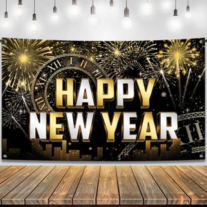 KatchOn, XtraLarge Happy New Year Banner - 72x44 Inch | New Year Backdrop 2026 | New Years Decorations 2026 | NYE Eve Banner For NYE Decorations 2026 | New Years Eve Party Supplies 2026 (Gold, Black and Silver)