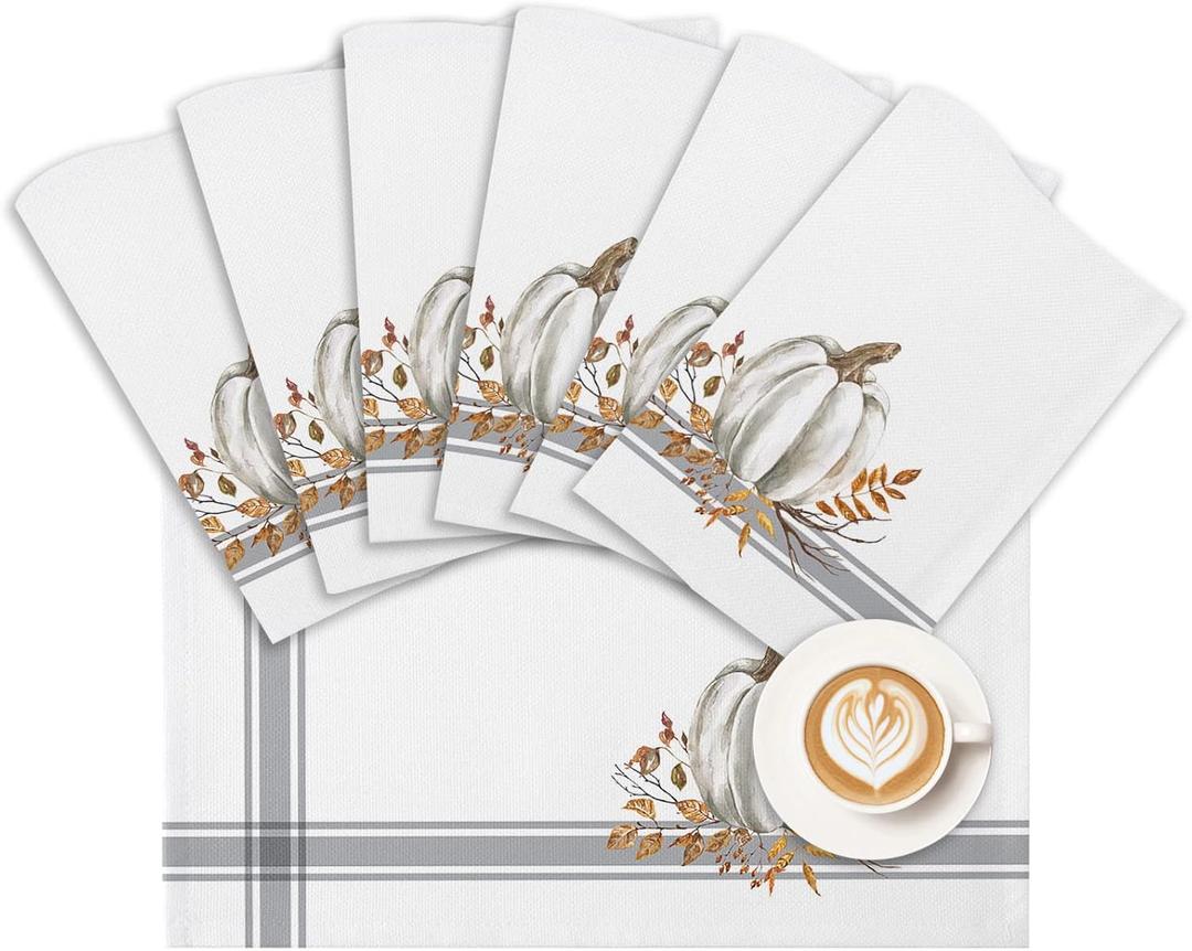 Fall Placemats Thanksgiving White Pumpkin Leaf Branch Tablemats for Dinner Table Gray Stripes Autumn Table Mats for Thanksgiving Day Holiday Cotton Linen Washable Set of 6