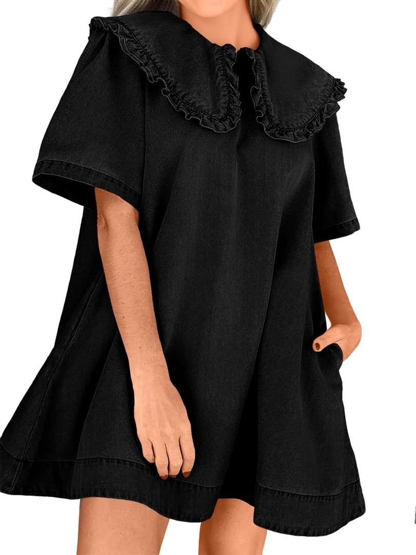 Wenrine Womens Summer Denim Mini Dress Oversized Peter Pan Collar Short Sleeve Casual Flowy Babydoll Jean Dresses (Black), Medium