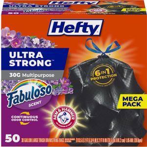 Hefty Ultra Strong 30 Gallon Trash Bags, Large Trash Bags 30 Gallon Size, Multipurpose, Break Resistant Drawstring Closure, Resists Leaks, Punctures, and Tears, Black, Fabuloso Scent, 50 Bags (50 Count (Pack of 1))