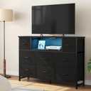 DUMOS LED Entertainment Center with Charging Station, TV Stand Dresser with 8 Fabric Drawers and Open Shelves, Wood Top Media Console for 45-55 inch, Bedroom, Black, 11.8"D x 47.2"W x 31.5"H
