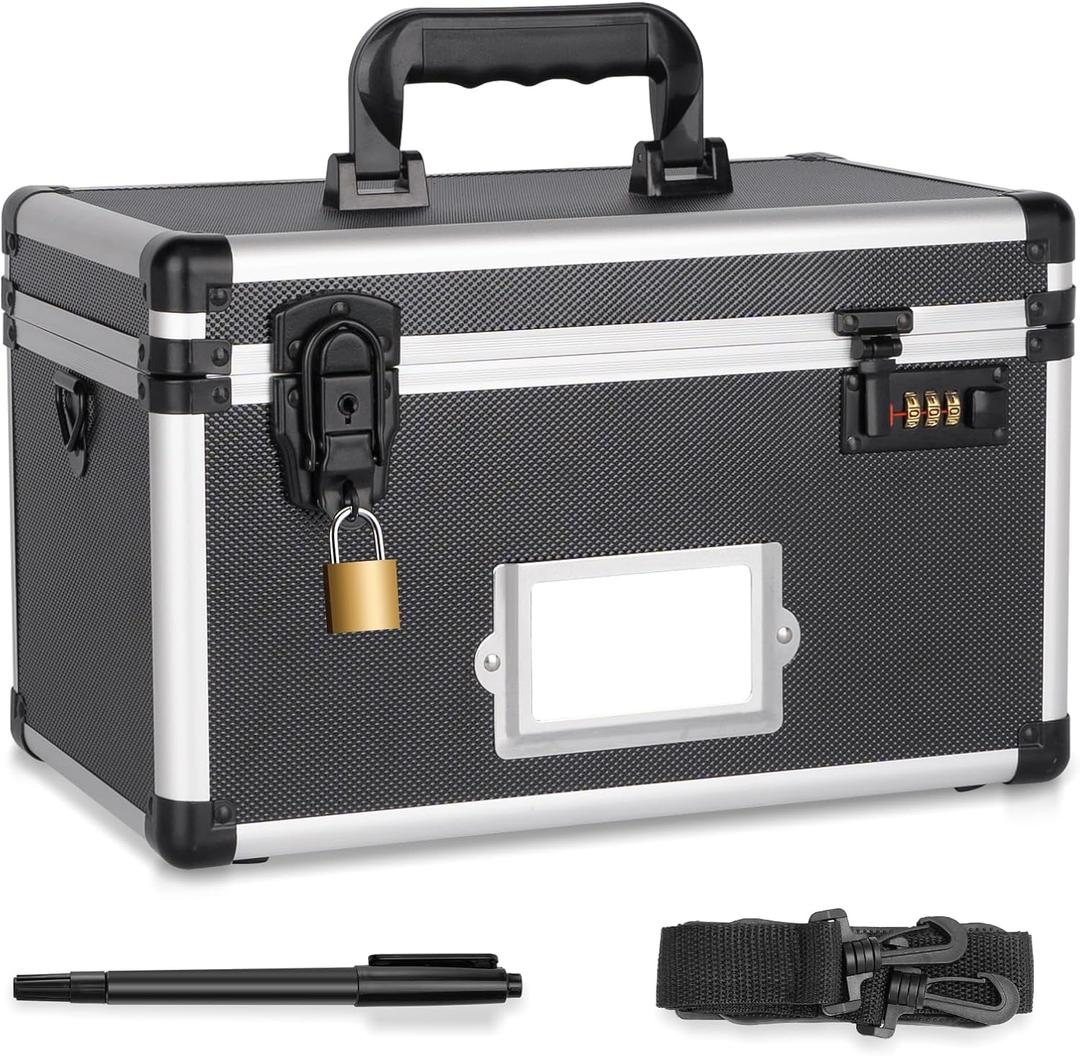 LOCKCURX Medication Lock Box, Lockable Storage Box with Dual Locks (Combination & Padlock), Lockbox with Shoulder Strap & ID Label Slot, for Valuables and Medicine(13.4 x 7.5 x 8.3 Inch, Black)