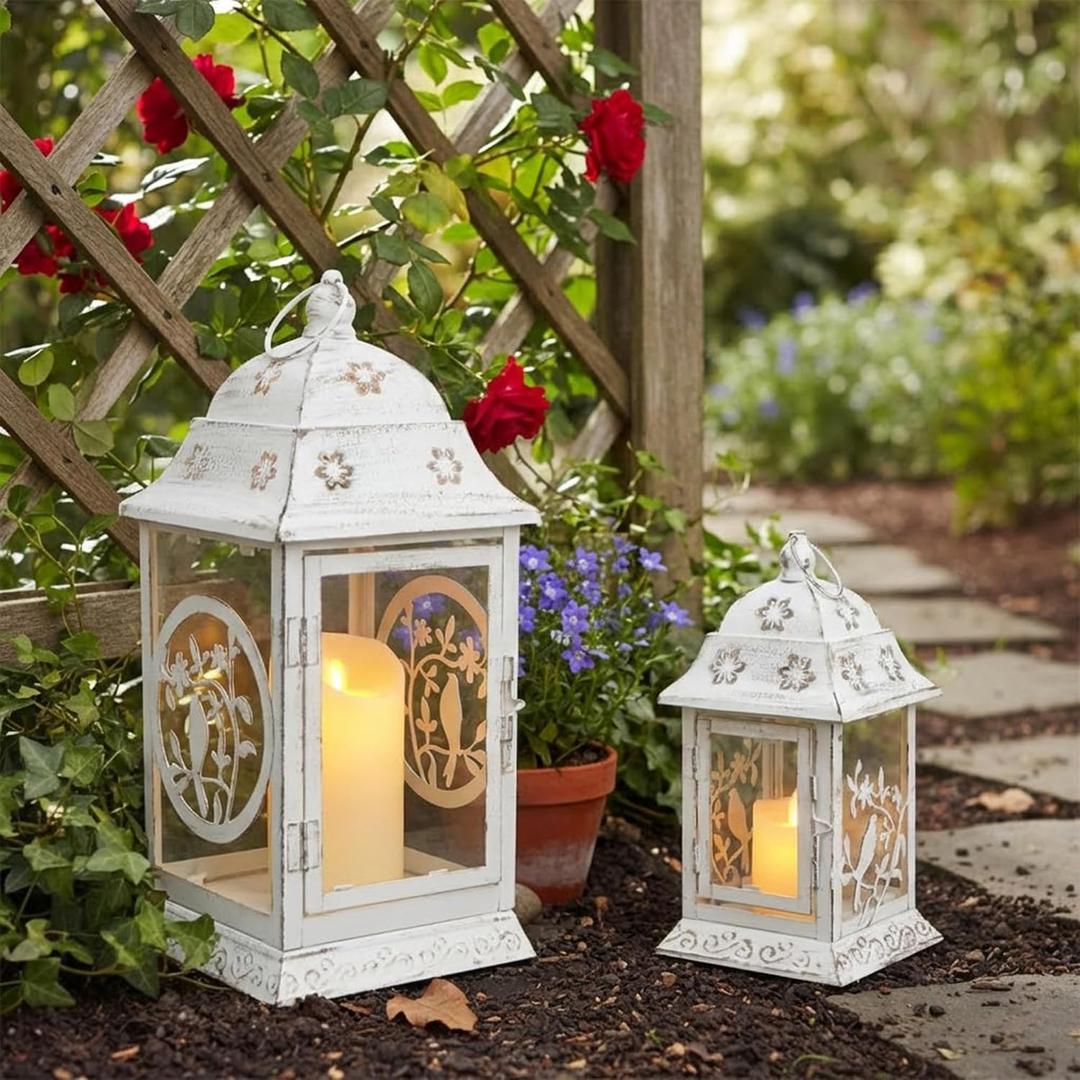 TRIROCKS Set of 2 Farmhouse Candle Lanterns 14.5"&9" H Rustic Metal Decorative Lanterns with Glass, Tabletop Candle Holders for Spring Garden Yard Patio Indoors Outdoors Decor(White with Black Brush)