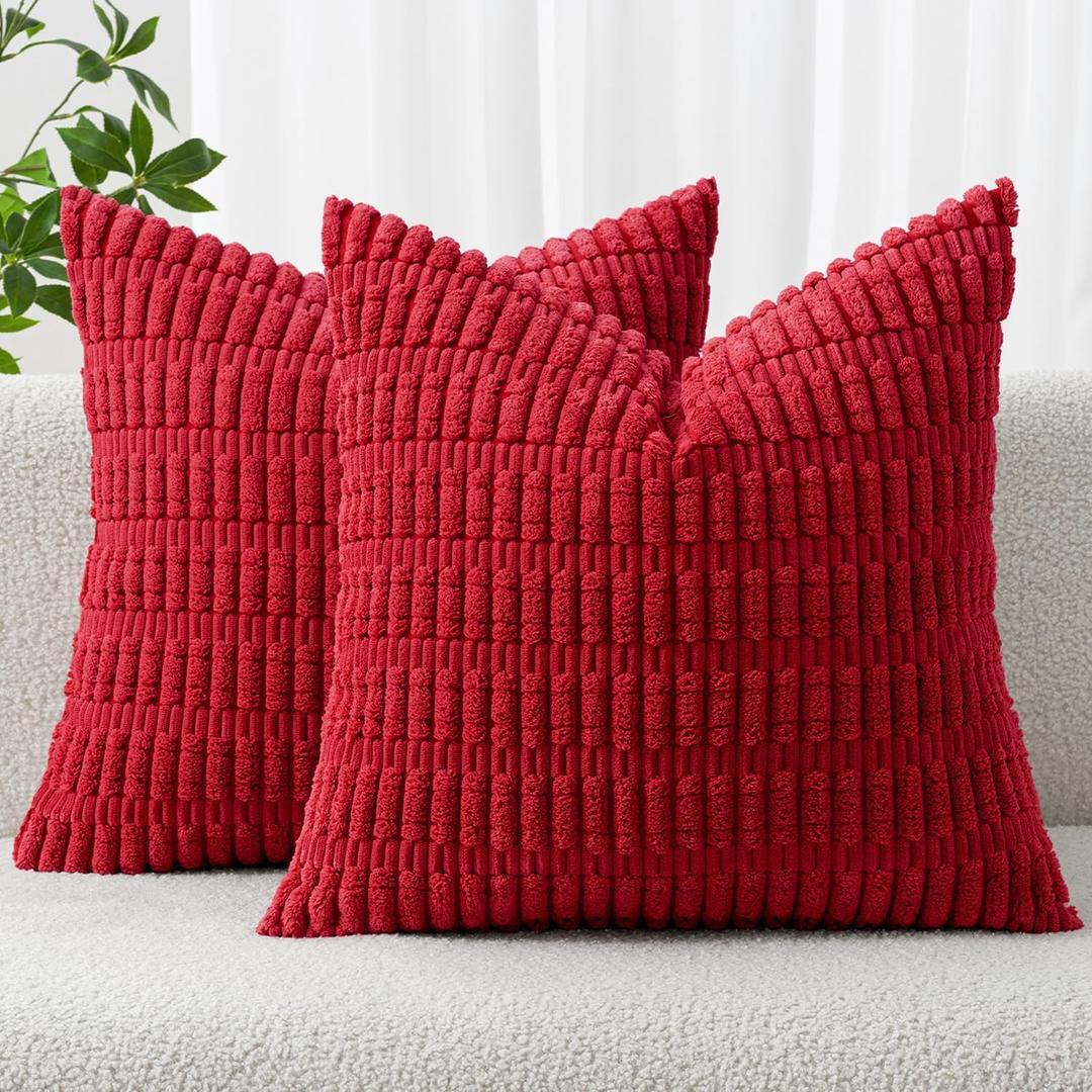 MIULEE Pack of 2 Christmas Red Corduroy Decorative Pillow Covers 18x18 Inch Soft Boho Striped Throw Pillow Covers Modern Farmhouse Home Decor for Sofa Living Room Couch Bed